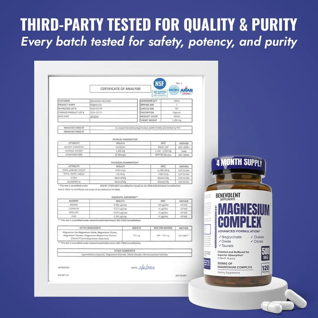 Magnesium Complex Supplement, 4 Month Supply of 500mg 5-in-1 Bisglycinate, Oxide, Taurate, Aspartate, Citrate, Max Absorption Magnesium Supplement for Calm, Sleep & Leg Cramps, 120 Capsule Benevolent Nourishmentnz supplements