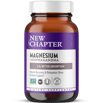 New Chapter Magnesium + Ashwagandha Supplement, 325 mg with Magnesium Glycinate for Muscle Relaxation & Recovery, Heart, Nerve & Bone Health, 2.5X Absorption, Non-GMO - 30 ct (1 Month Supply) New ChapterAu supplements