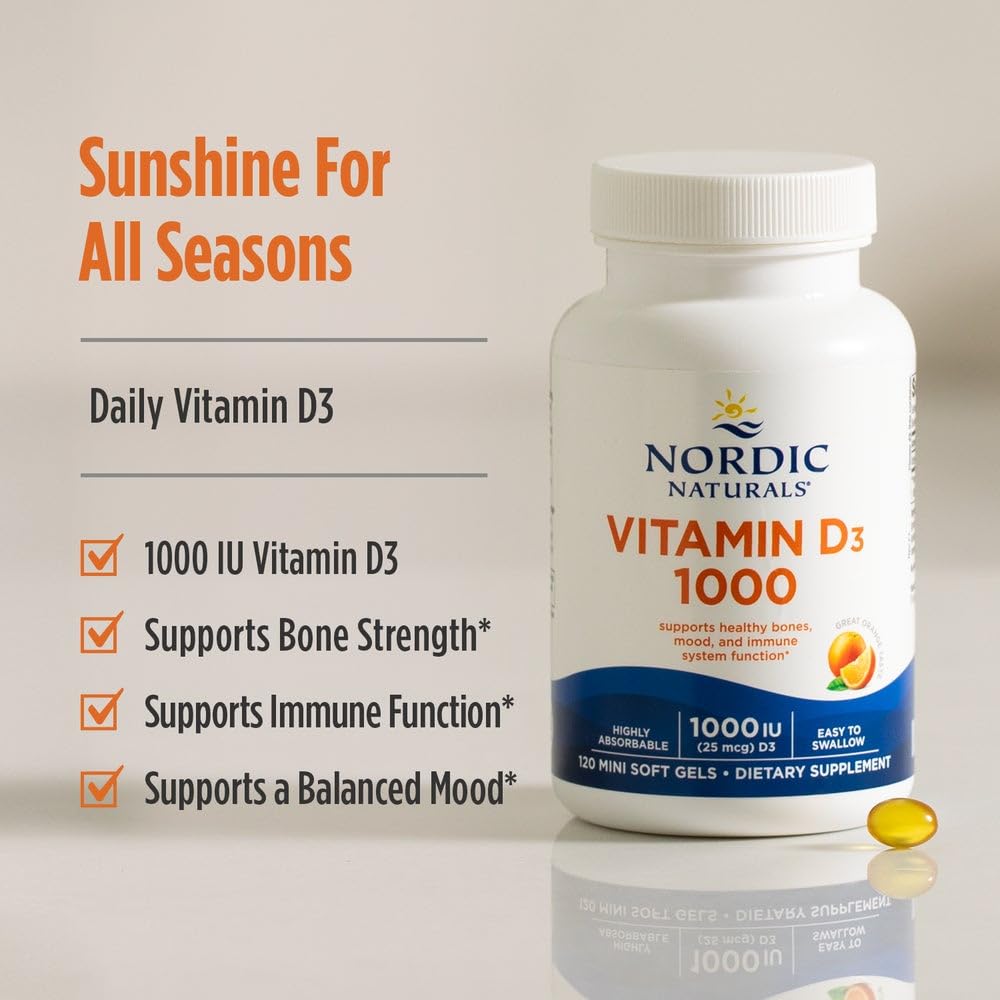 Nordic Naturals Vitamin D3 1000, Orange - 120 Mini Soft Gels - 1000 IU Vitamin D3 - Supports Healthy Bones, Mood & Immune System Function - Non-GMO - 120 Servings Nordic NaturalsAu supplements