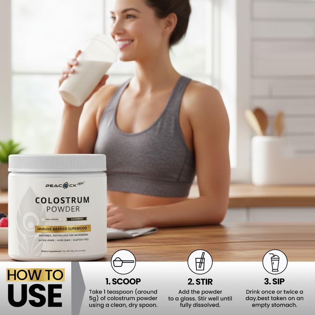 Peacock Max Colostrum Powder – 60g (30 Servings), Unflavored Bovine Colostrum Supplement, Superfood for Hair, Skin & Gut Health, Gluten-Free, Non-GMO Peacock MaxAu supplements