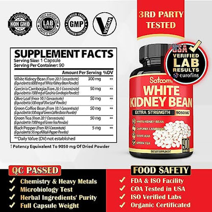 Pure White Kidney Bean Extract Capsules - 6 Herbal Ingredients 9050 mg Equivalent SatoomiUS supplements