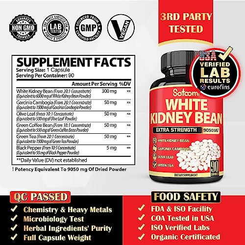 Pure White Kidney Bean Extract Capsules - 6 Herbal Ingredients 9050 mg Equivalent SatoomiUS supplements
