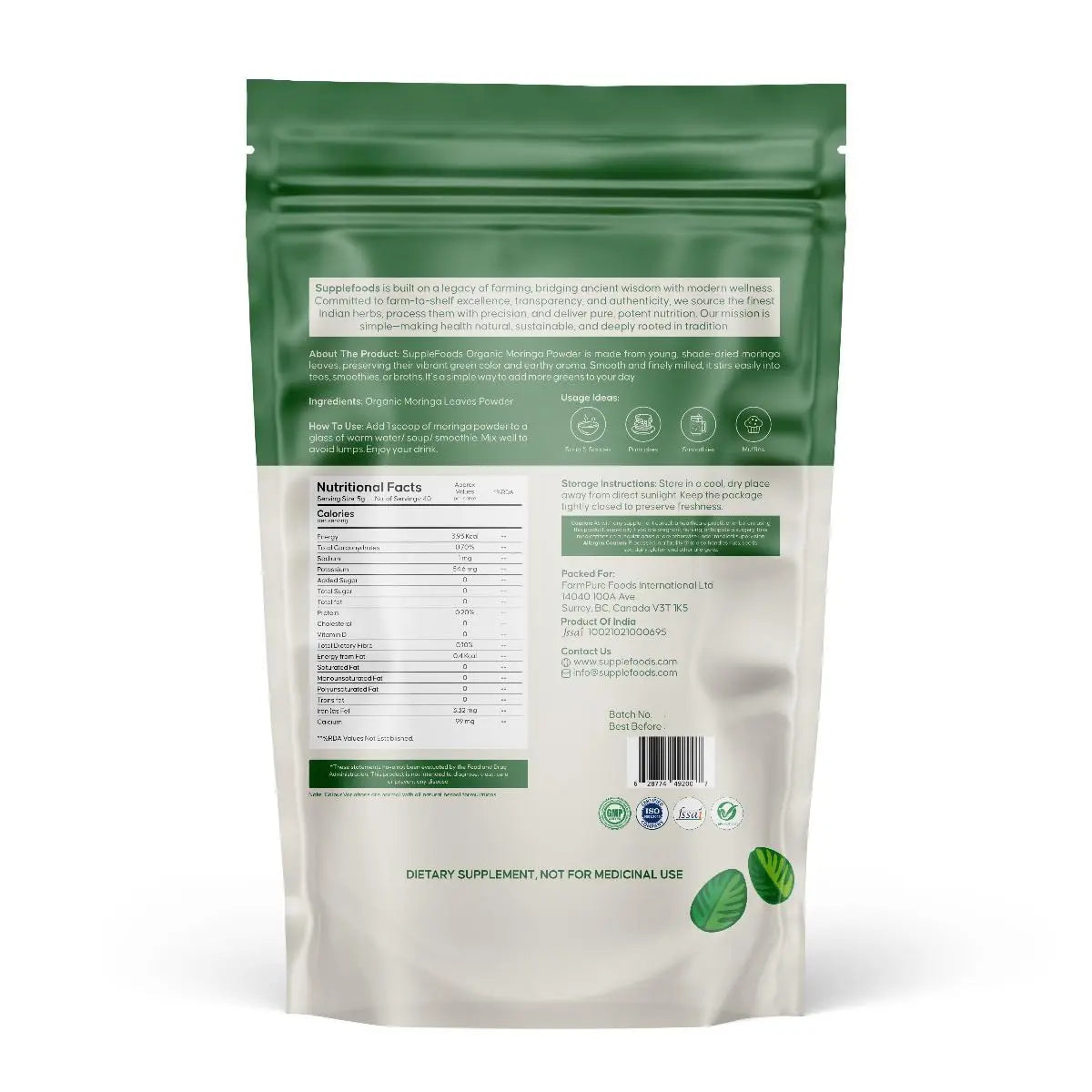 supplefoods Organic Moringa Powder 200 g / 7.05 oz | 100% Natural Green Superfood | Assists Digestion & Daily Detox | Finely Milled Moringa Leaf Powder | USDA Certified Organic Dietary Supplement supplefoodsnz supplements