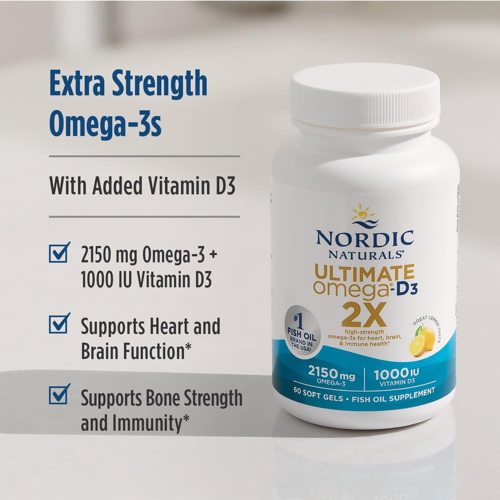 Nordic Naturals Ultimate Omega 2X with Vitamin D3, Lemon Flavor - 60 Soft Gels - 2150 mg Omega-3 + 1000 IU D3 - EPA & DHA - Brain, Heart, & Immune Health - 30 Servings Nordic NaturalsAu supplements