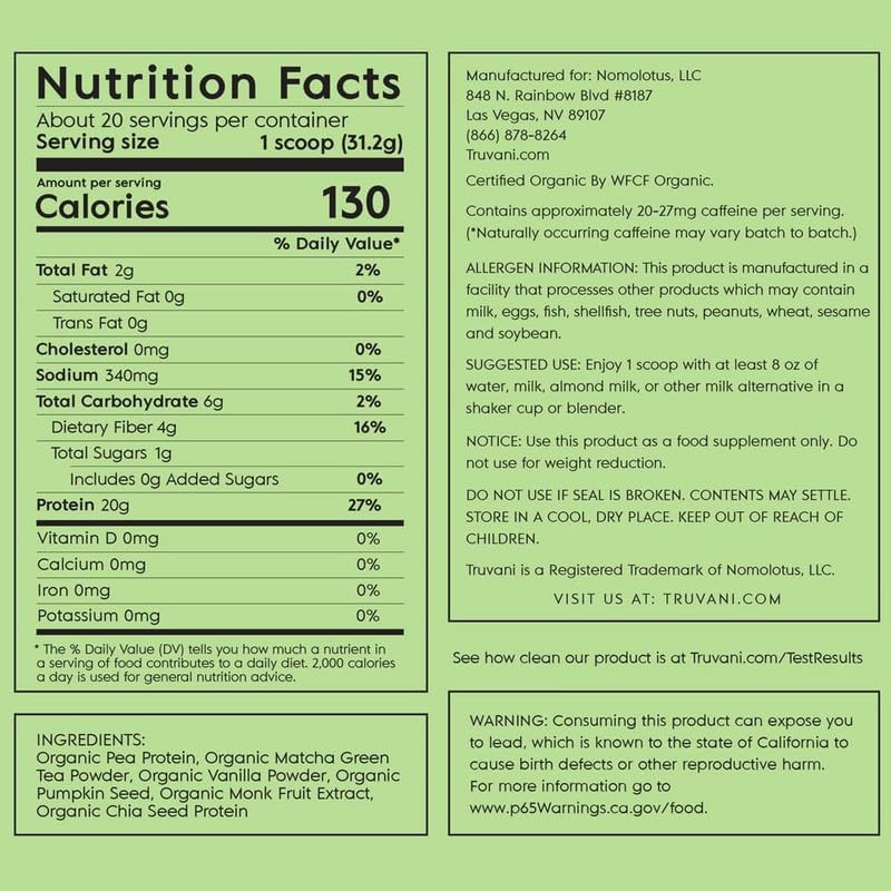 Truvani Organic Vegan Protein Powder Matcha - 20g of Plant Based, Organic Protein TruvaniUS supplements