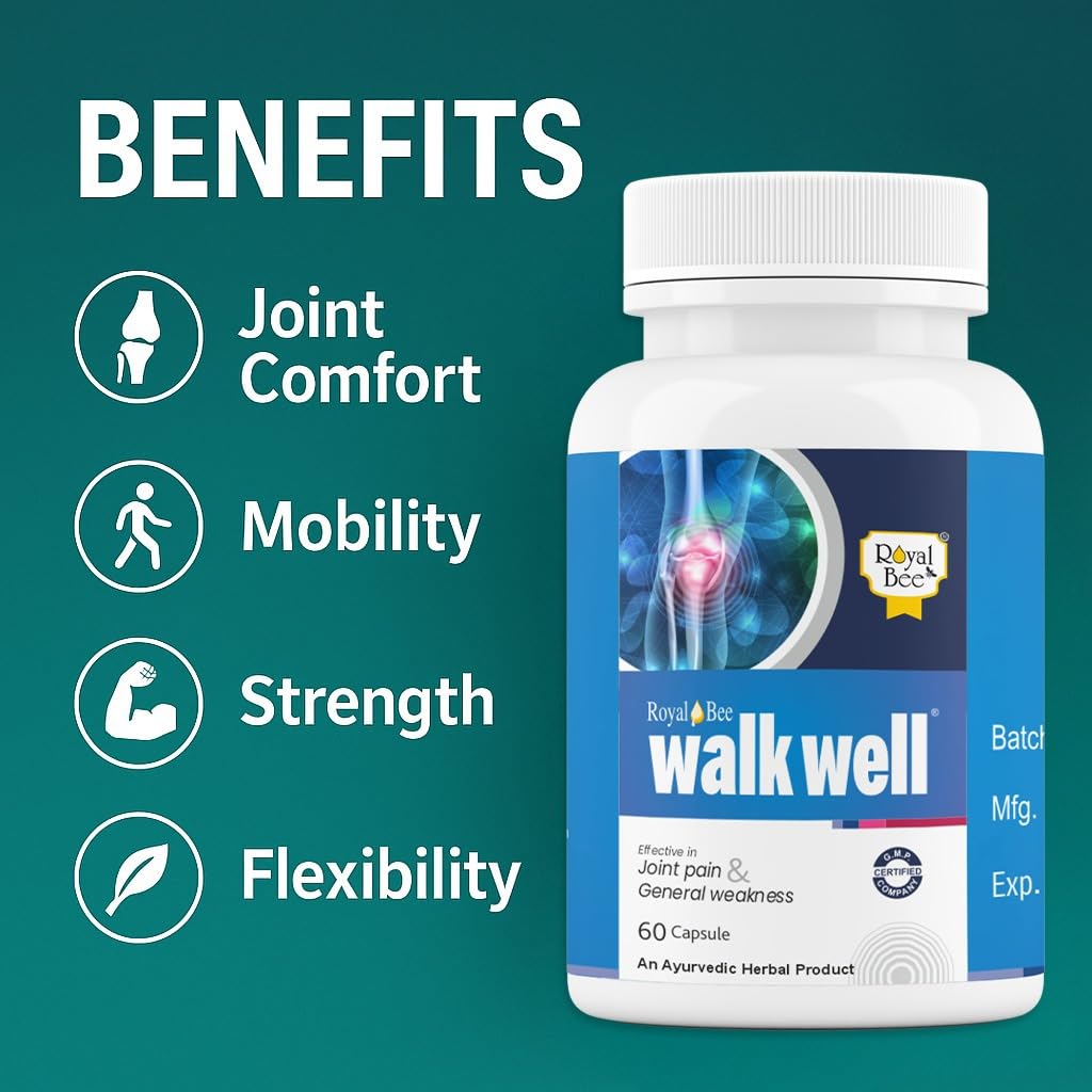 Royal Bee Walkwell Capsules – 60 Capsules – Supports Joint Pain & Inflammation Relief · Useful in Osteoarthritis · Promotes Flexibility & Mobility · Clinically Studied Herbal Ingredients GenericAu supplements