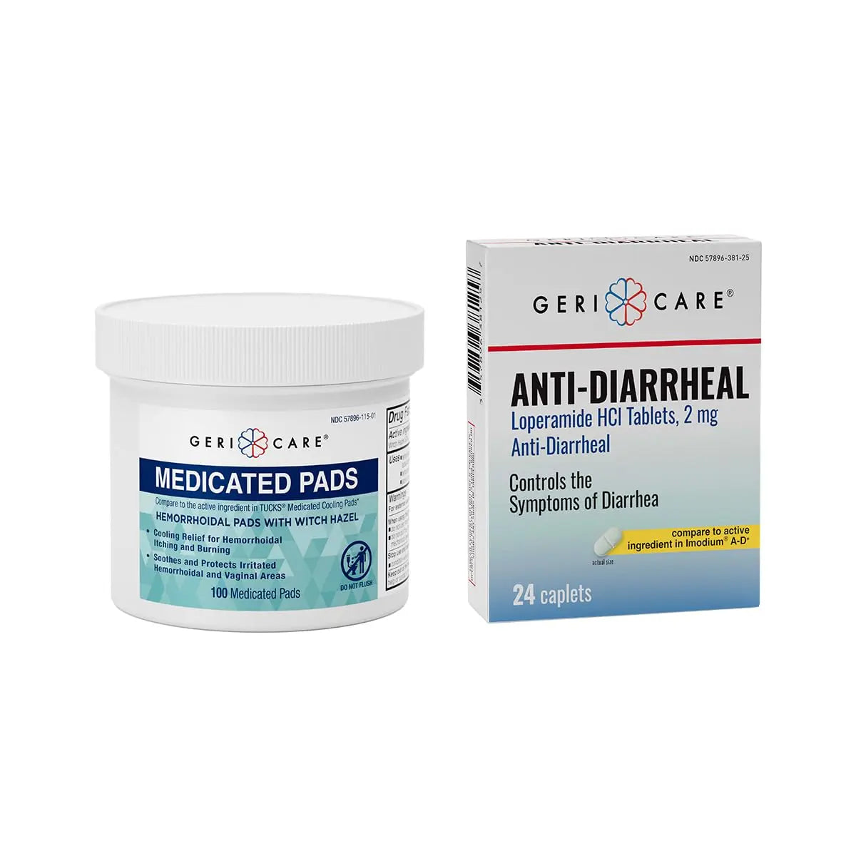 GeriCare Anti-Diarrheal Caplets 24 Count & Medicated Pads of Witch Hazel 50% 100 Count Bundle – Fast Relief for Diarrhea, Soothing Medicated Pads for Irritation, Digestive Support & Travel GeriCareAu supplements