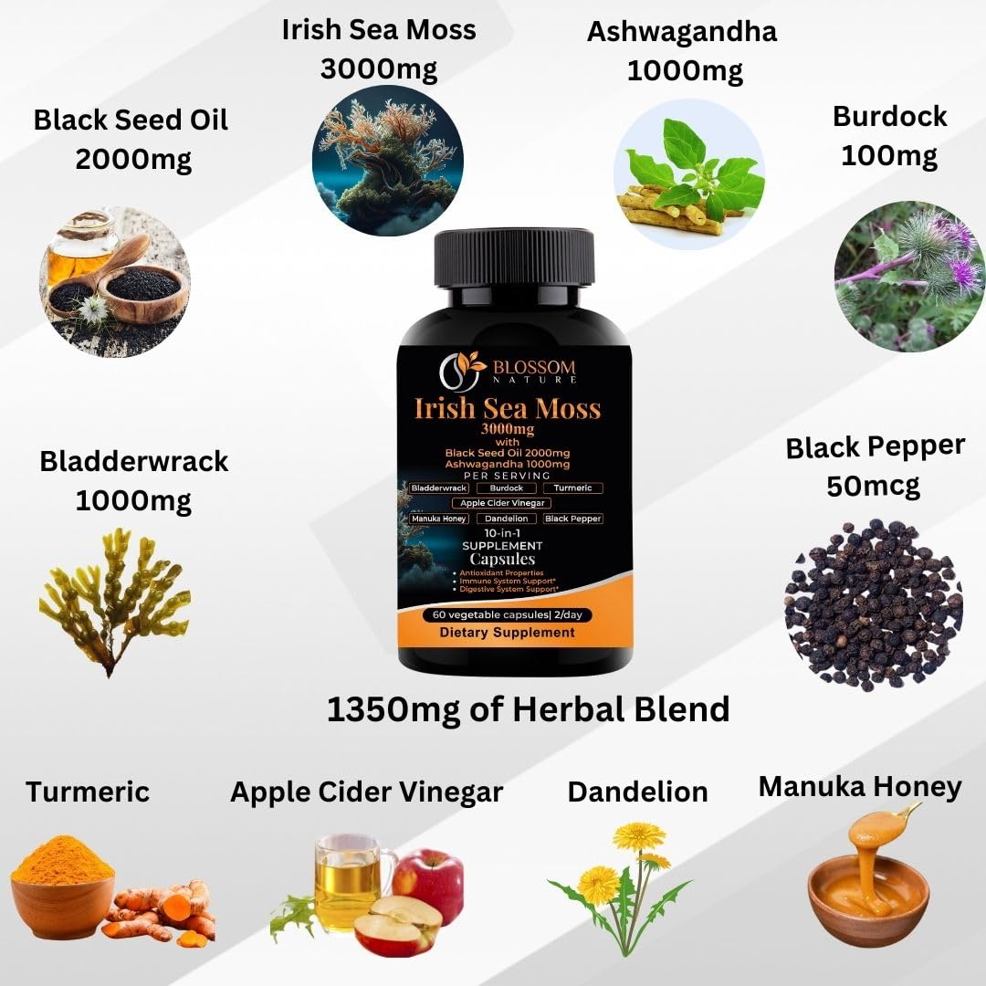 10-in-1 Irish Sea Moss Veggie Caps 3000mg Black Seed Oil Ashwagandha Bladderwrack Burdock Turmeric Apple Cider Vinegar Manuka Honey Dandelion Black Pepper - Made in US(Veggie Caps, Unflavored) Blossom NatureAu supplements
