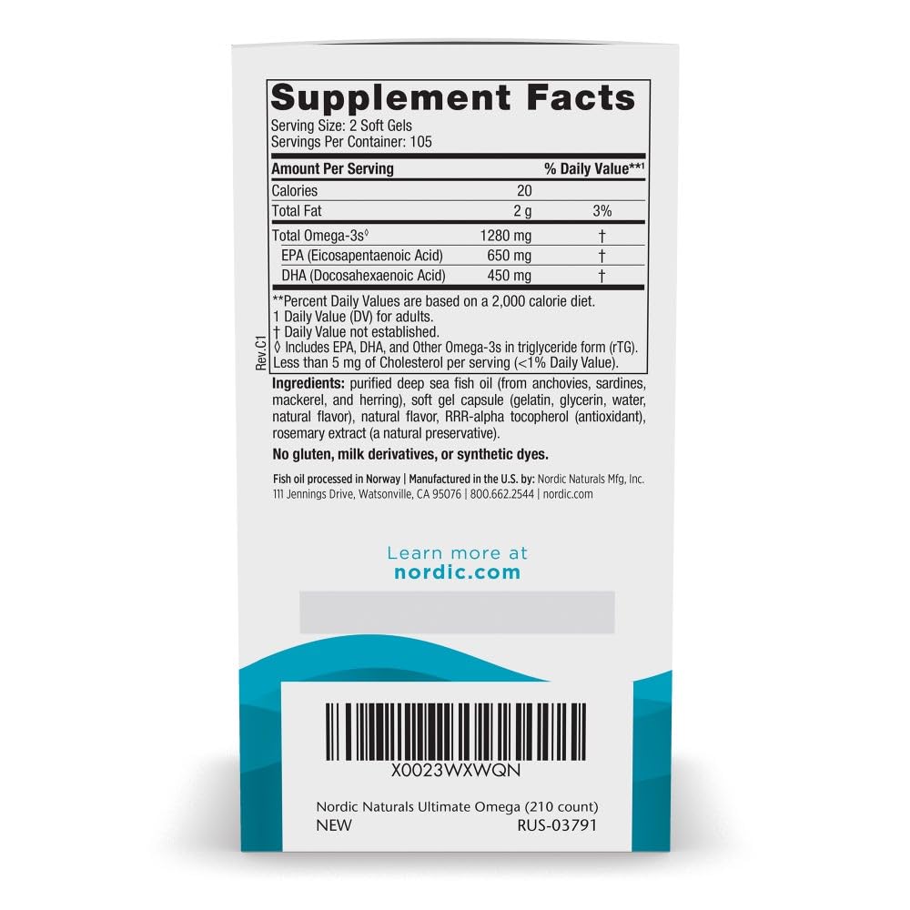 Nordic Naturals Ultimate Omega, Lemon Flavor - 210 Soft Gels - 1280 mg Omega-3 - High-Potency Fish Oil with EPA & DHA - Promotes Brain & Heart Health - Non-GMO - 105 Servings Nordic NaturalsAu supplements