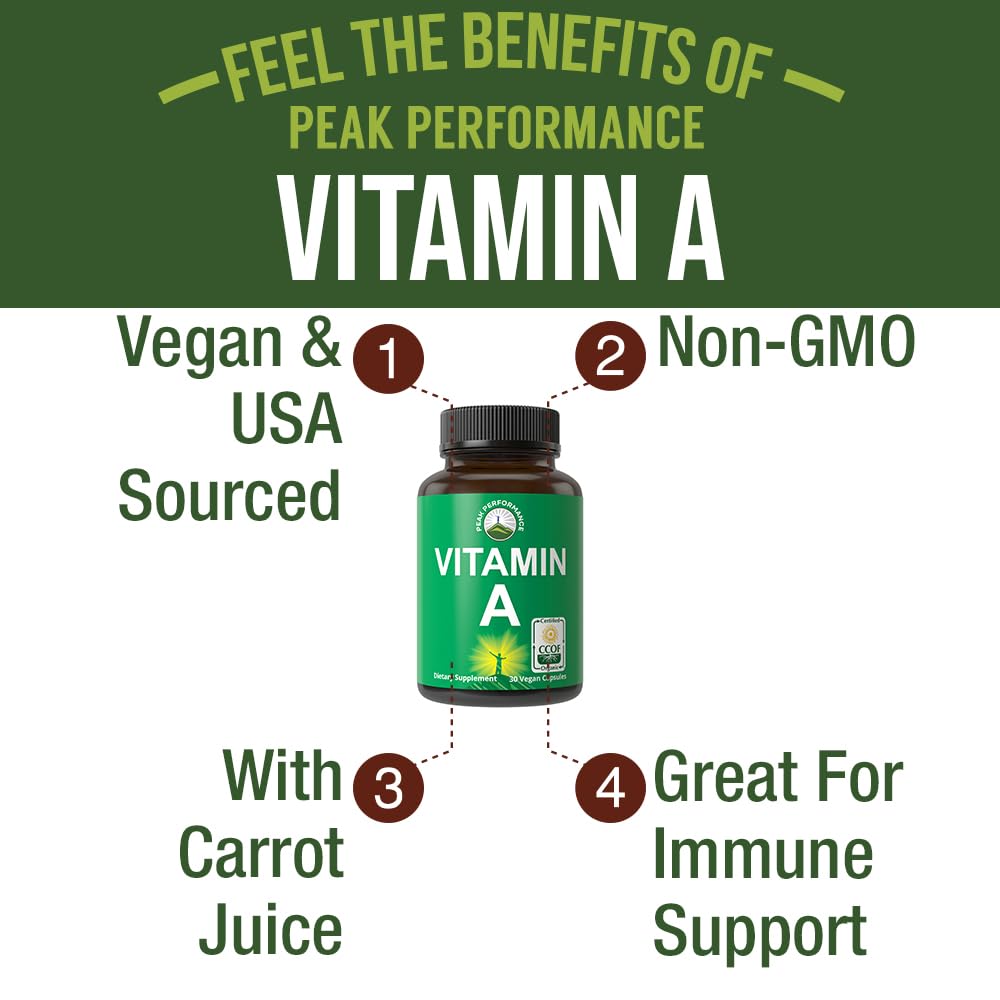 Certified Organic Vitamin A 5000 IU Supplement Capsules High Potency Vitamins. for Adults, Men, Women, Kids. Made with Carrot Juice. Great for Immune, Skin, Eye Support. Non GMO, Vegan Pills Peak PerformanceAu supplements