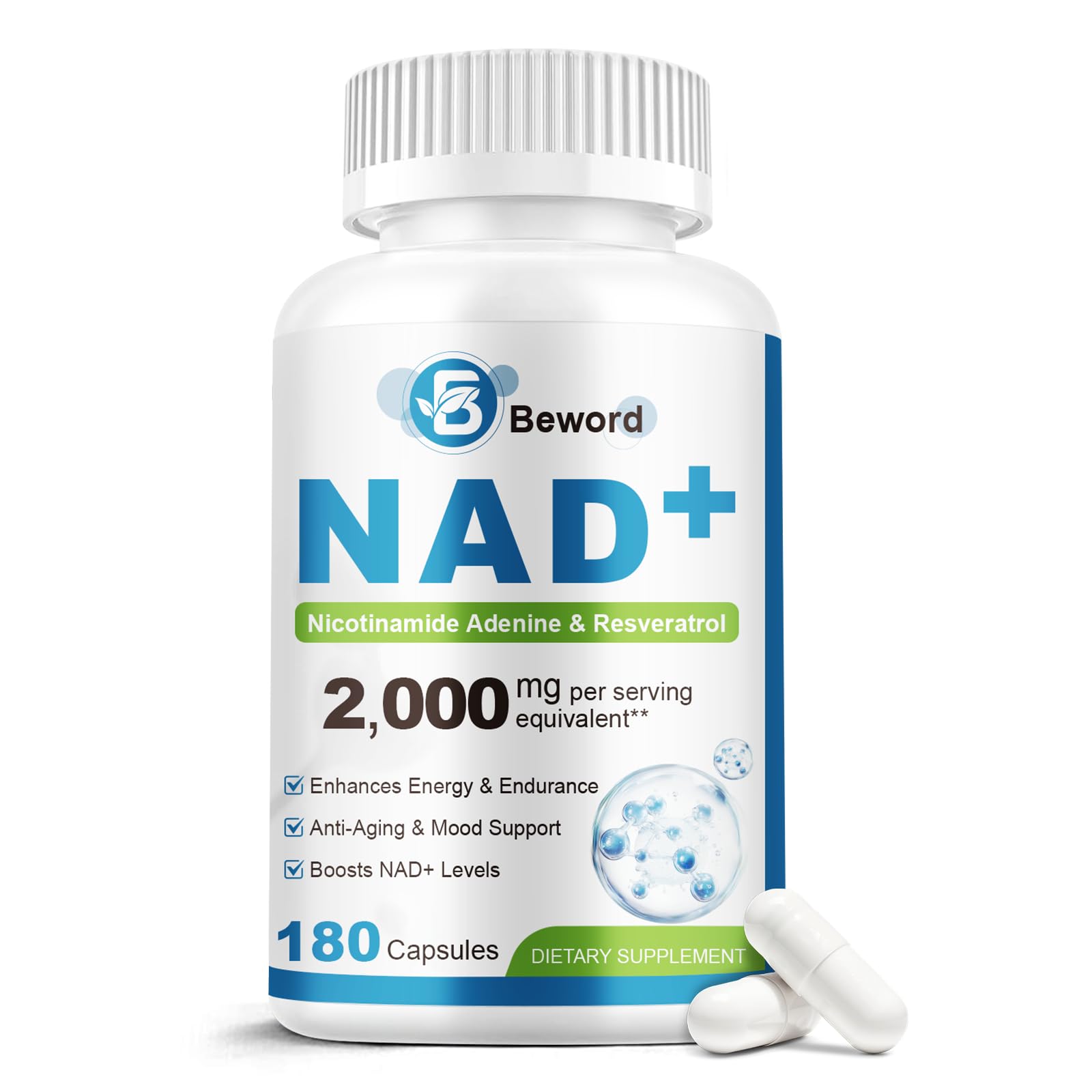 BEWORD Liposomal NAD 2000 Mg, 180 Capsules, 4-in-1 Formula with Liposomal NAD, Trans-Resveratrol, Non-GMO | Energy Support BEWORDAu supplements