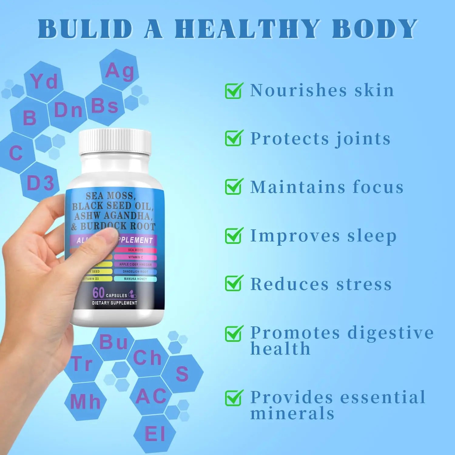 Pyzor Sea Moss Black Seed Oil Ashwagandha Turmeric Bladderwrack Burdock, Elderberry Manuka Dandelion, Burdock Root Turmeric Vitamin D3 Chlorophyll - 60 Capsules Pyzornz supplements