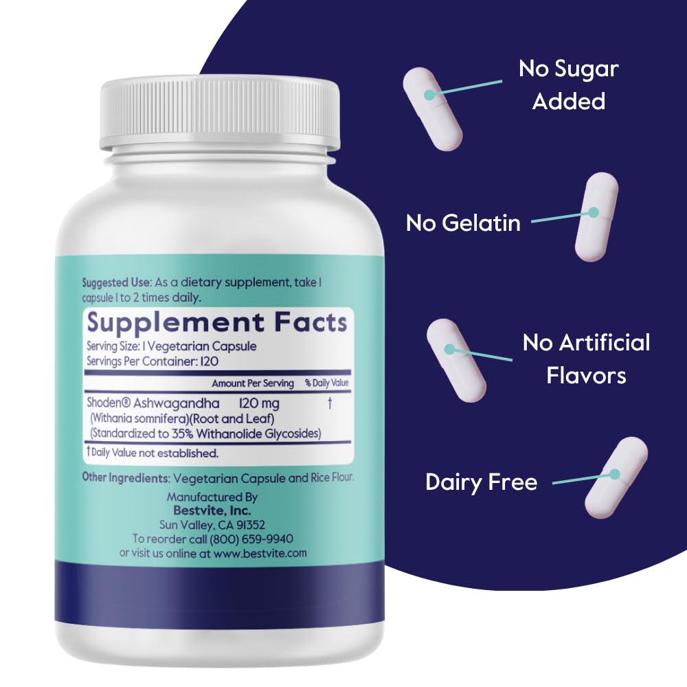 BESTVITE Advanced Ashwagandha 120mg w/Shoden (120 Vegetarian Capsules) - Clinically Studied Containing Industry Leading 35% Withanolide Glycosides - No Stearates - Vegan - Non GMO - Gluten Free BESTVITEAu supplements