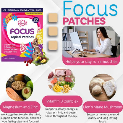 Swift Patch Focus Patch for Adults (30 Day Supply) + Proprietary Blend (Men and Women) - Help Kids and Adults Focus with Patches 22 Ingredients with Proprietary Formula Ultimate Swift PatchUS supplements