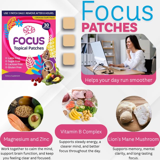 Swift Patch Focus Patch for Adults (30 Day Supply) + Proprietary Blend (Men and Women) - Help Kids and Adults Focus with Patches 22 Ingredients with Proprietary Formula Ultimate Swift PatchUS supplements