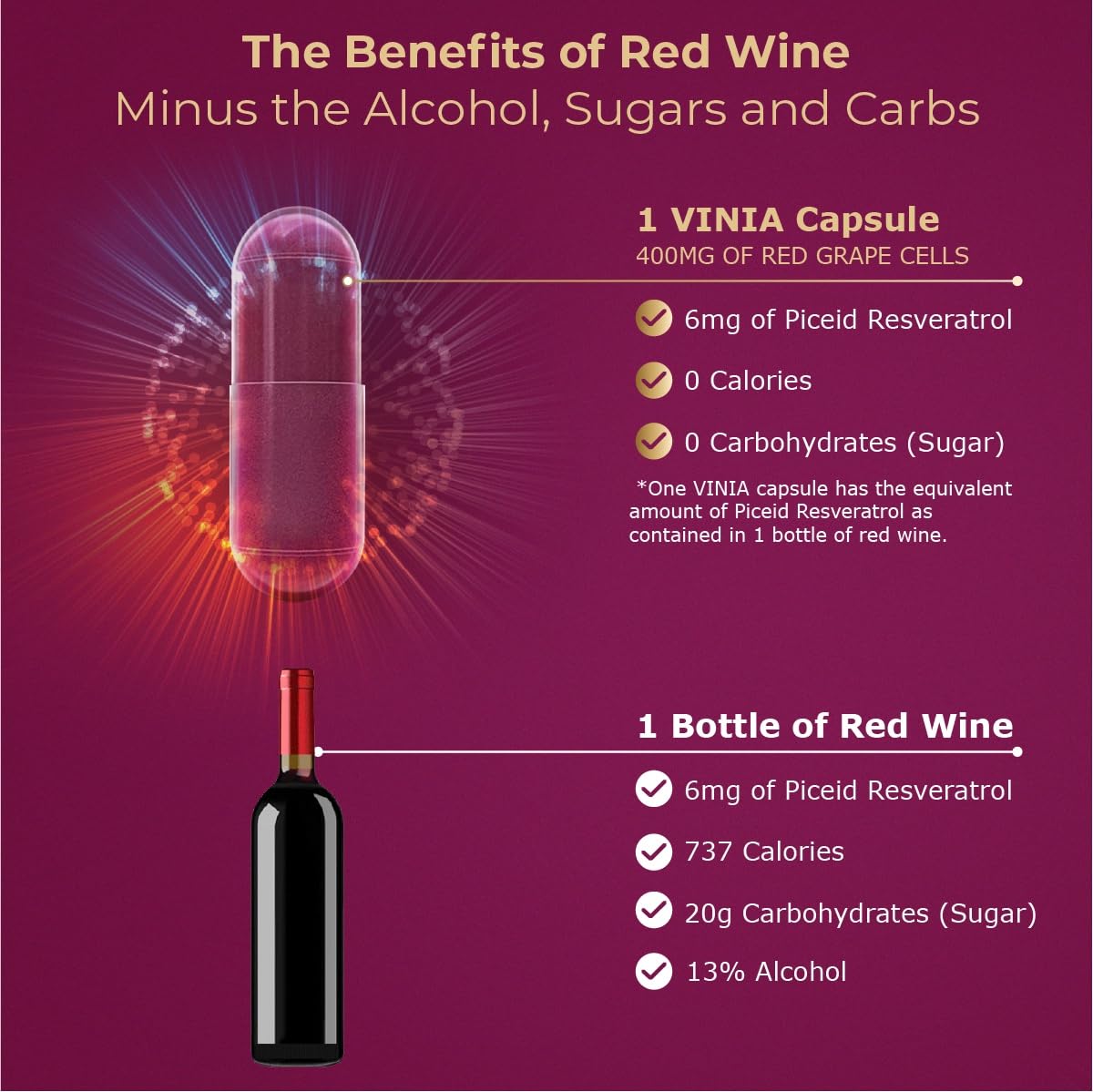 VINIA 12-Hour Sustained Release Piceid Resveratrol Supplement. Nitric Oxide Supplement VINIAUS supplements