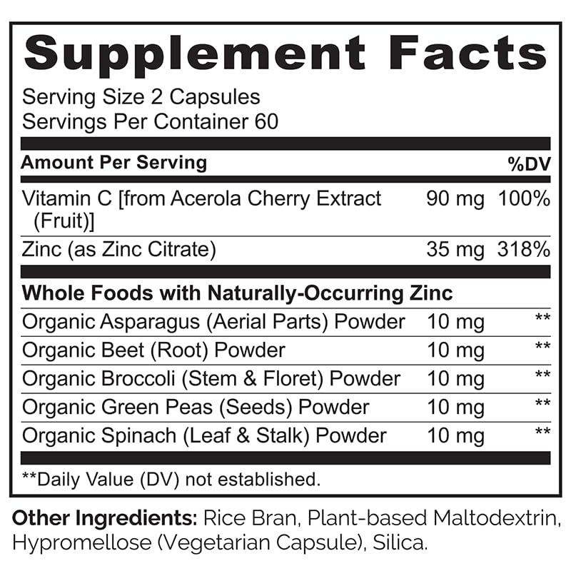 NATURELO Vegan Zinc Immune Support Capsules - Whole Food Complex with Vitamin C for Healthy Skin, Hair, and Nails - 120 Capsules NATURELOAu supplements