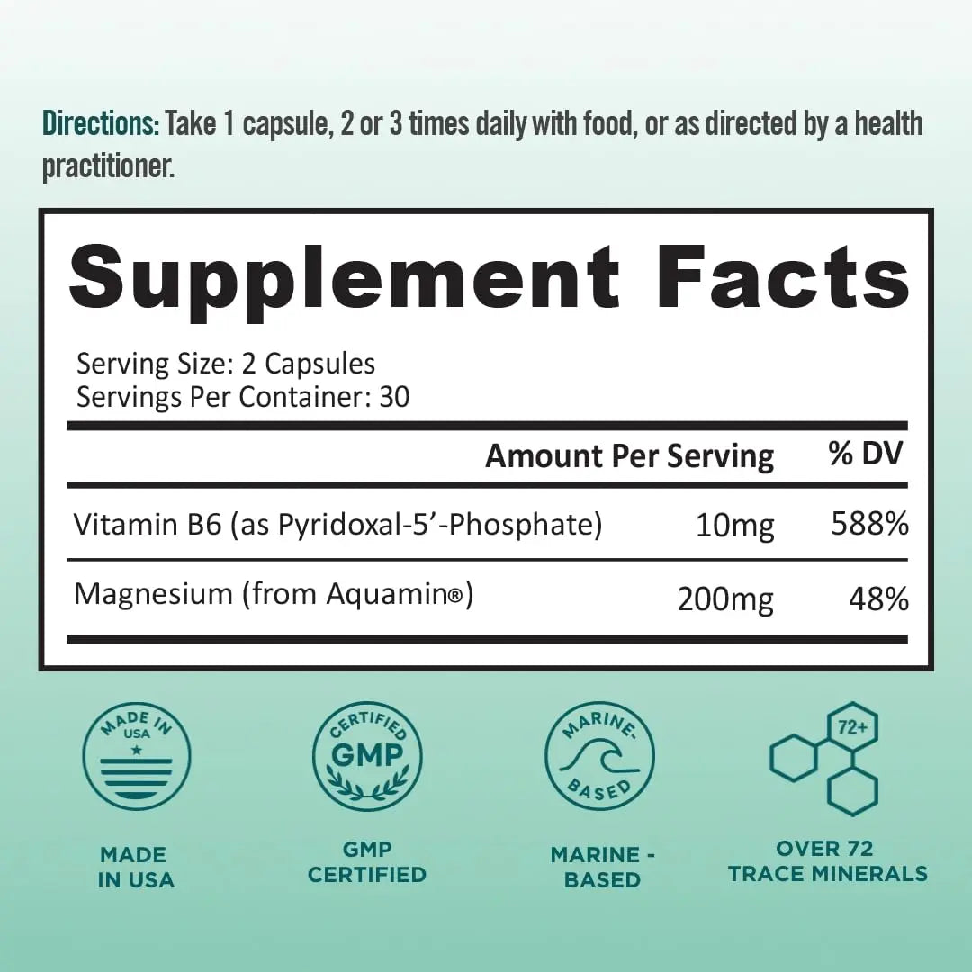 Ocean Magnesium 200mg Aquamin | More Soluble Than Magnesium Glycinate | Whole Food Mag B6 Supplement for Women | Gentle on Stomach & Vegan | Sleep Support, Calms Nerves & Leg Cramps | 60 Ct BB Companynz supplements
