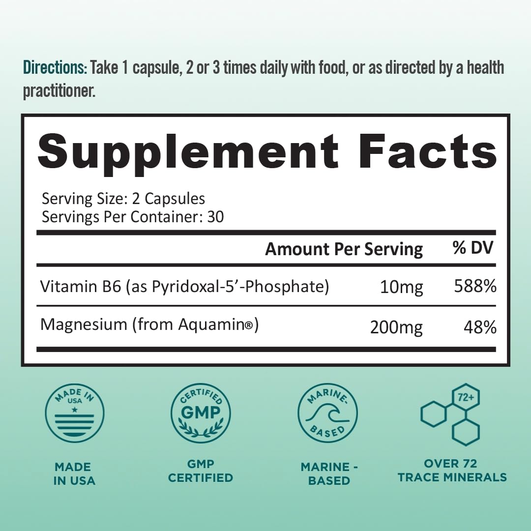 Ocean Magnesium 200mg Aquamin | More Soluble Than Magnesium Glycinate | Whole Food Mag B6 Supplement for Women | Gentle on Stomach & Vegan | Sleep Support, Calms Nerves & Leg Cramps | 60 Ct BB CompanyAu supplements