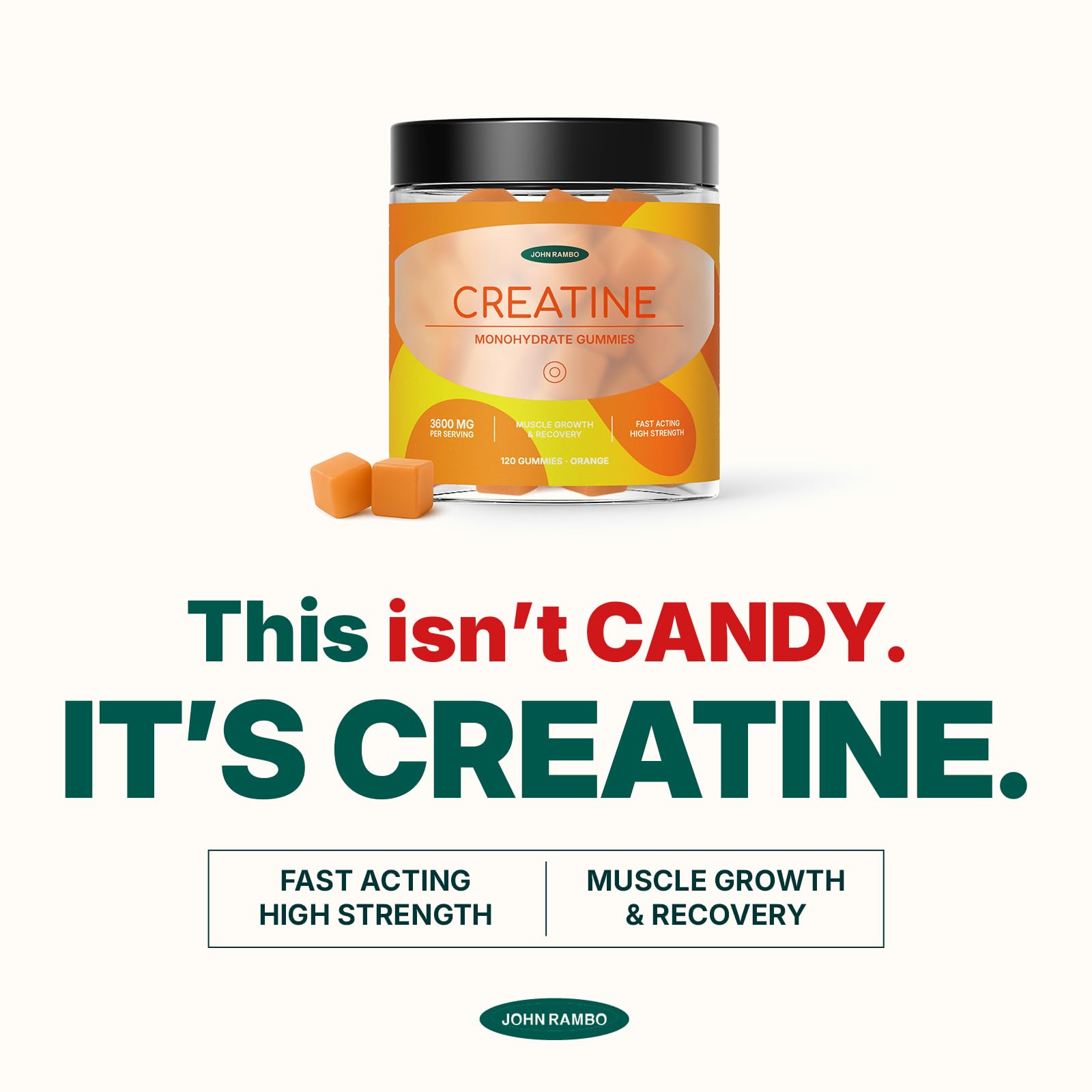 JOHN RAMBO Creatine Monohydrate Gummies – 3600mg Real Creatine Per Serving – Transparent Label, Refreshing Orange Flavor, Lab-Tested Muscle & Strength Supplement JOHN RAMBOAu supplements