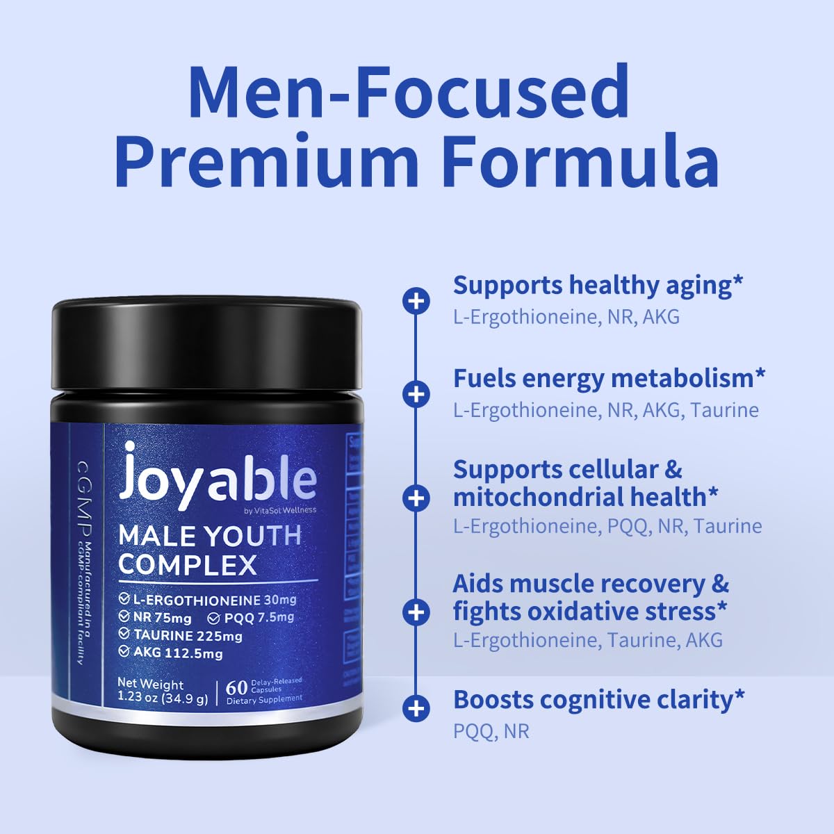 joyable by VitaSol Wellness - Male Youth Complex – Cellular Energy & Healthy Aging Support Supplement with NR, PQQ & Ergothioneine | 60 Capsules joyable by VitaSol WellnessAu supplements