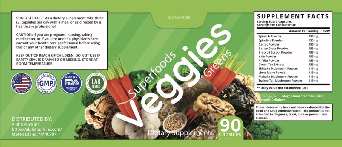Alpha Pure Superfoods Reds Fruits and Greens 180 Capsules Vegetables Fruits and Veggies Superfood | Natural Balance of 90 Fruit Capsules, 90 Veggie Capsules for Men, Women Vitamins and Minerals Alpha PureAu supplements
