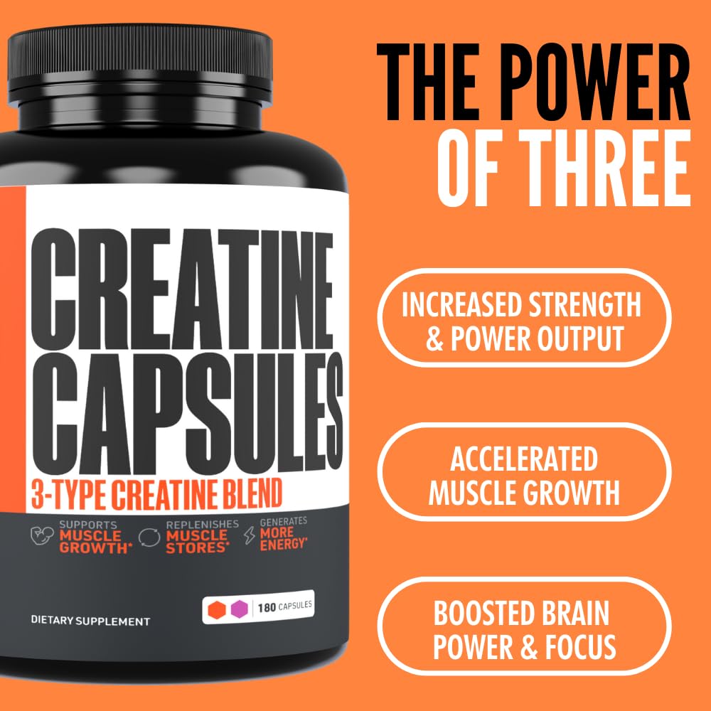 Creatine Capsules, 5g Premium 3X ThreeAtine Pre Workout Bulk Muscle Mass Gainer, High Absorption Easy to Take Creatine Monohydrate Pills Alternative Optimum Performance for Men Women, 180 Capsules Crazy MuscleAu supplements