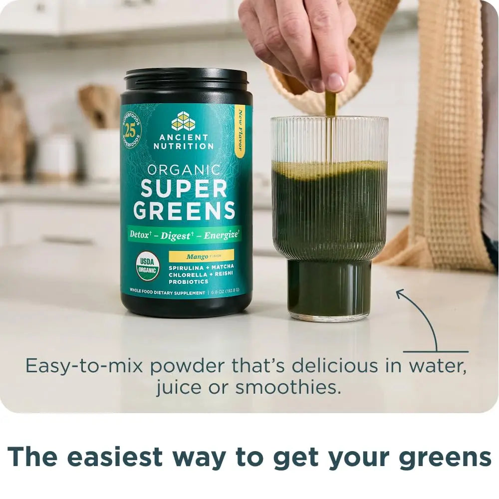 Ancient Nutrition Organic Supergreens Powder, Mango, 25 Servings + Multi Collagen Protein Powder, Vanilla, 60 Servings Ancient Nutritionnz supplements