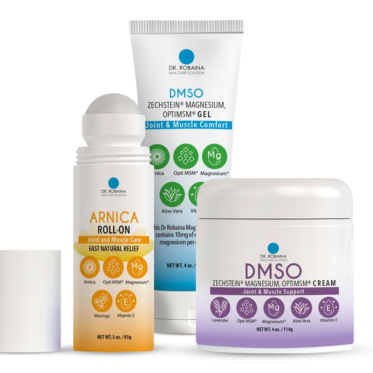 Arnica & DMSO Gel Recovery Bundle – 99.9% Pure Pharmaceutical Grade DMSO & Arnica Roll-On | Lavender Cream & Fast-Absorbing Gel | Hydrating & Non-Greasy | Made in USA Dr. RobainaAu supplements