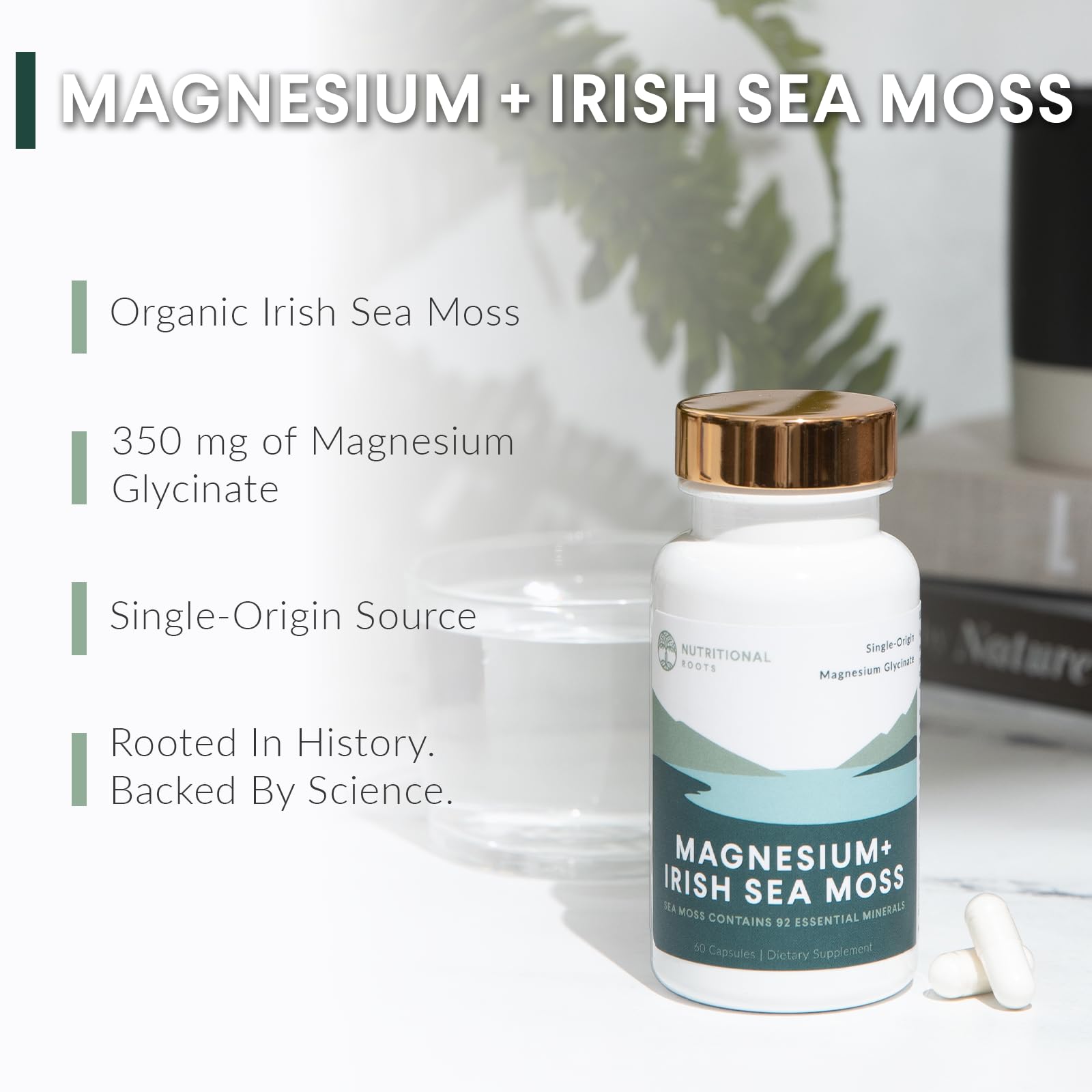 Nutritional Roots - Magnesium + Irish Sea Moss - 350mg Magnesium Glycinate & Organic Irish Sea Moss - Essential Minerals - Supports Heart & Bone Health - Dietary Supplement - 30 Servings - 60 Capsules Nutritional RootsAu supplements