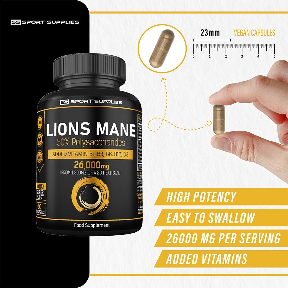 Lions Mane Supplement High Strength 26,000mg Plus 5 Vitamins SS Sport SuppliesUS supplements