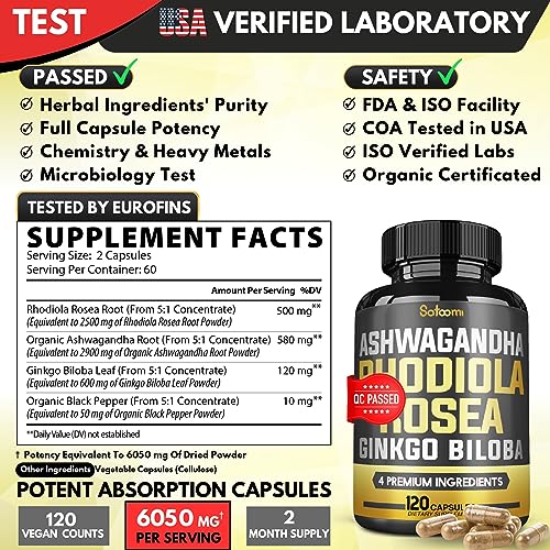 6050mg Rhodiola Rosea Supplement with Ashwagandha Root, Ginkgo Biloba & Black Pepper SatoomiAu supplements
