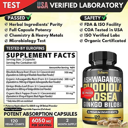 6050mg Rhodiola Rosea Supplement with Ashwagandha Root, Ginkgo Biloba & Black Pepper SatoomiUS supplements