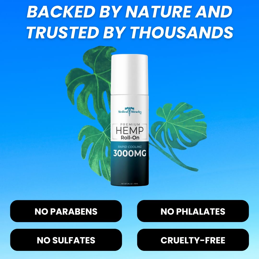 Medical Miracles New Hemp Oil Roll On - Ideal for Muscles, Hips, Joints, Neck, Back, Elbows, Fingers, Hands, and Knees (3000mg Roll-On) Medical MiraclesAu supplements