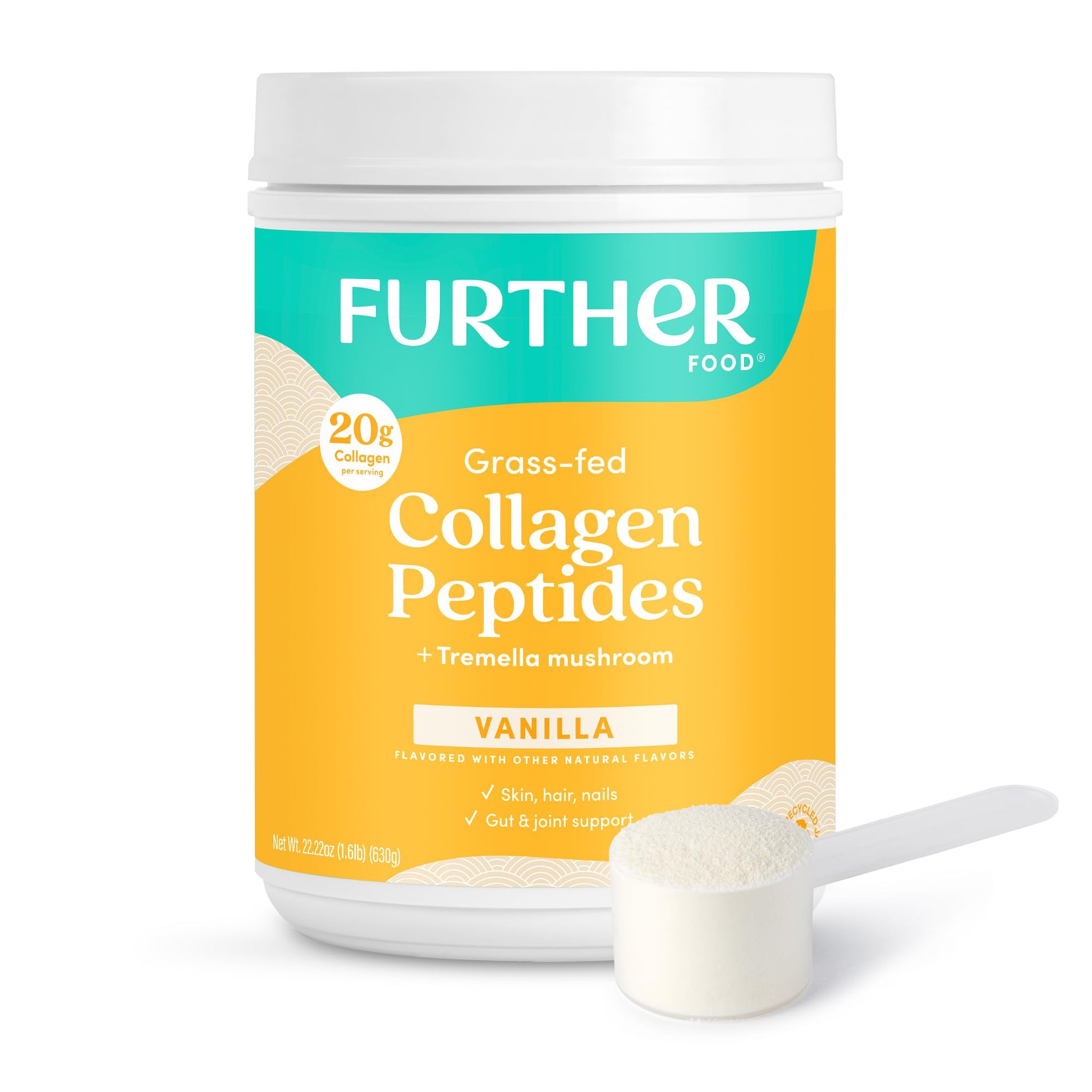 Further Food Vanilla Collagen Peptides Powder with Tremella Mushroom – 100% Grass-Fed, Hydrolyzed Type 1 & 3, 20g of Collagen per Serving, Supports Skin, Hair, Nails & Joints, 22.22 Oz Further FoodAu supplements