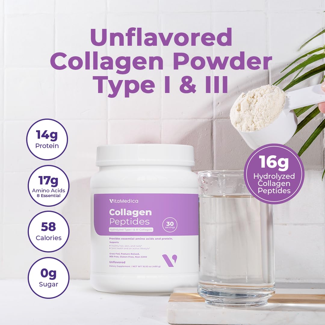 VitaMedica Collagen Peptides Powder for Women & Men - Healthy Hair, Skin, Nails, Bones and Joints - Hydrolyzed Types I & III, Grass-Fed, Pasture-Raised Protein, Zero Sugar - 30 Servings VitaMedicaAu supplements