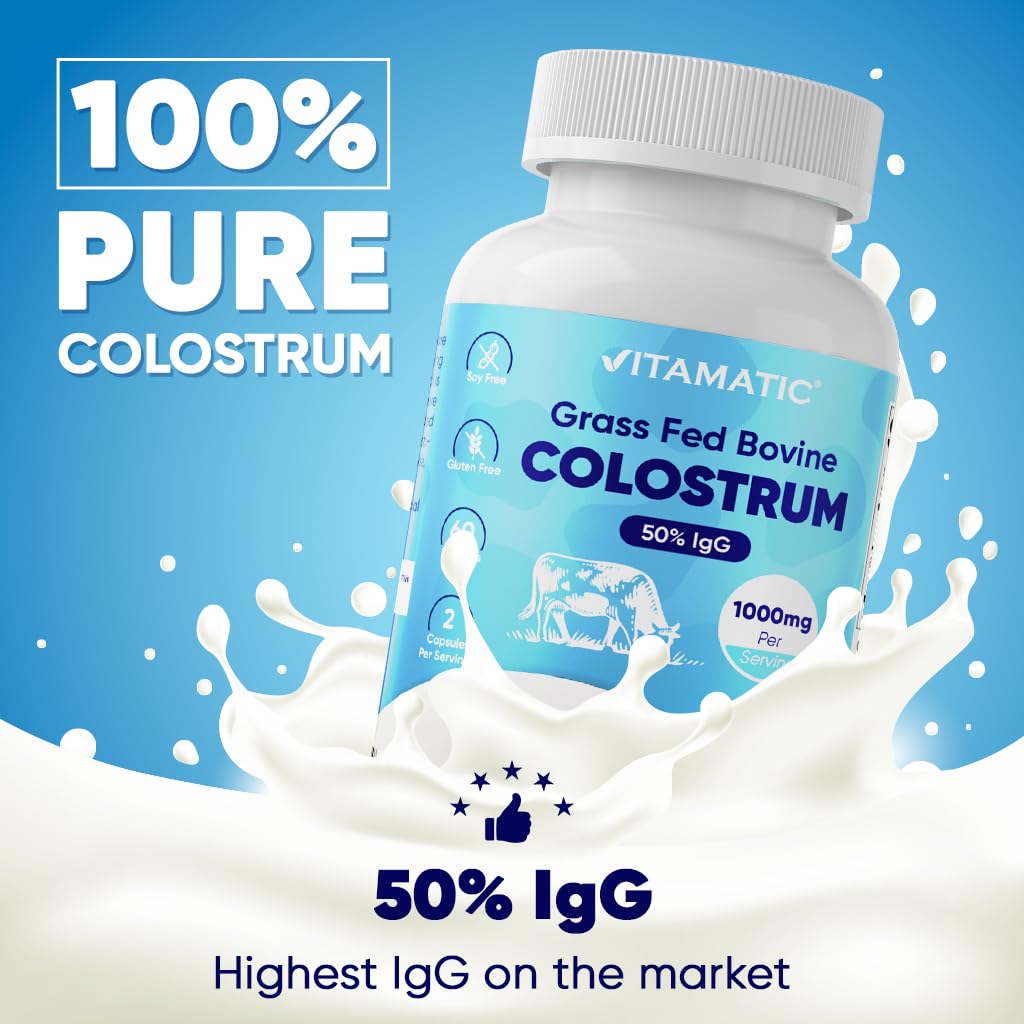 Vitamatic Bovine Colostrum Supplement 1000 mg per Serving - 50% Highest IgG - Supplement for Gut Health, Hair Growth, Beauty, Muscle Recovery, & Immune Support - 120 Capsules - 2 Pack VitamaticAu supplements