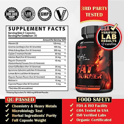 12in1 Night Time Fat Burner for Women - VitaminD.3, Garcinia Cambogia, White Kidney Bean SatoomiUS supplements