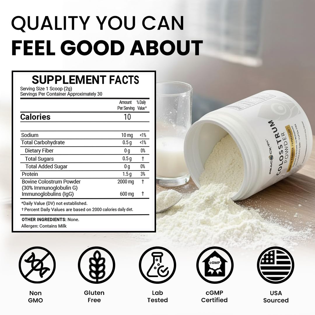 Peacock Max Colostrum Powder – 60g (30 Servings), Unflavored Bovine Colostrum Supplement, Superfood for Hair, Skin & Gut Health, Gluten-Free, Non-GMO Peacock MaxAu supplements