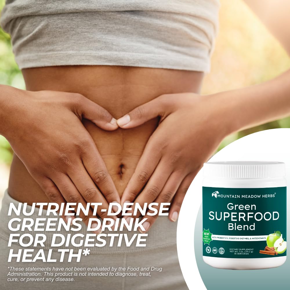 Mountain Meadow Herbs Green Superfood Blend – Spirulina, Chlorella, Mushrooms, Probiotics, Digestive Enzymes, Antioxidants – Organic Greens Powder for Energy & Gut Health – 30 Servings Mountain Meadow HerbsAu supplements
