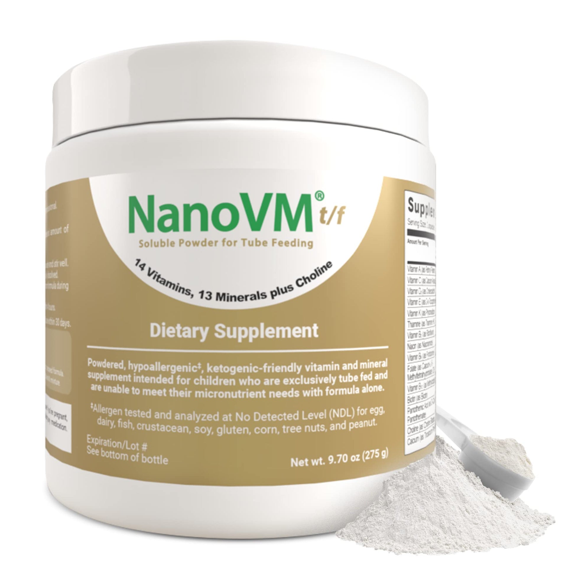 NanoVM t/f, Dietary Supplement for Tube Feeding, Allergen-Free Kids Multivitamin, Unflavored Vitamin Powder with 14 Vitamins & 13 Minerals, Low-Carb Kids Vitamins, 275g - Solace Nutrition NanoVMAu supplements