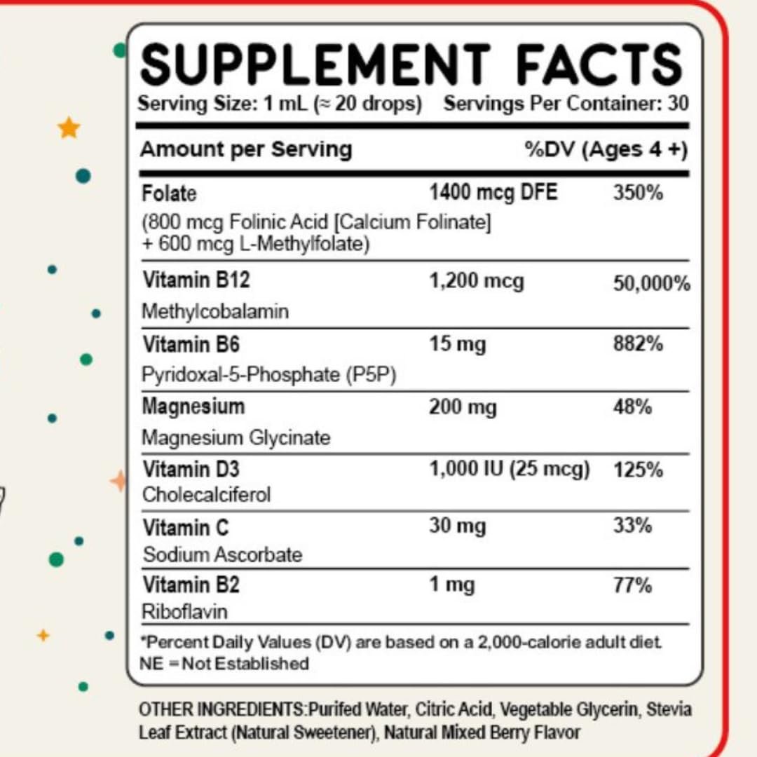 Folinic Acid Drops Kids 800 mcg + L-Methylfolate + B12 +P5P B6 Gentle Methylation Great Taste, Magnesium Glycinate, Vitamin D3 & C Folate Support for Brain,Focus, Mood & Cellular Health 5-MTHF Drops True reflectionzAu supplements