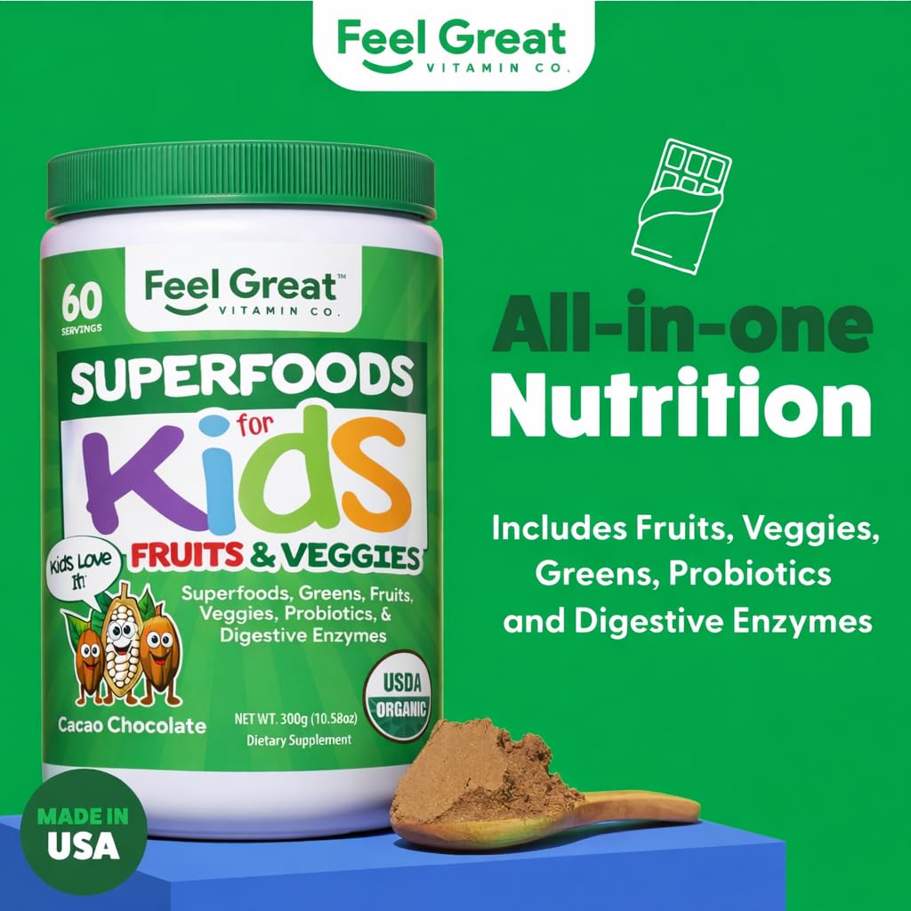 Feel Great USDA Organic Super Greens Powder for Kids - Cocao Chocolate | Fruit & Veggie Supplement | Superfood Powder with Probiotics & Digestive Enzymes for Digestive Health | 60 Days Supply The Feel Great Vitamin CompanyAu supplements