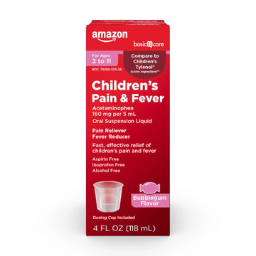 Amazon Basic Care Children's Pain Reliever and Fever Reducer, Acetaminophen 160 mg per 5 ml, Bubblegum Flavor, for Headache and Sore Throat, Ages 2-11 Years, 4 fl oz Amazon Basic CareAu supplements