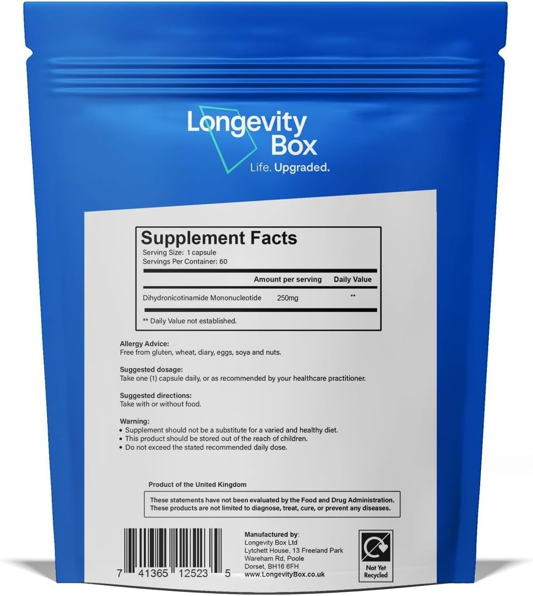 Longevity Box NMNH NMN Alternativen 250mg - 5X More Potent Dihydronicotinamide Mononucleotide NAD+ Booster for Peak Cellular Energy, DNA Repair & Healthy Aging - 60 Advanced Capsules Longevity BoxAu supplements
