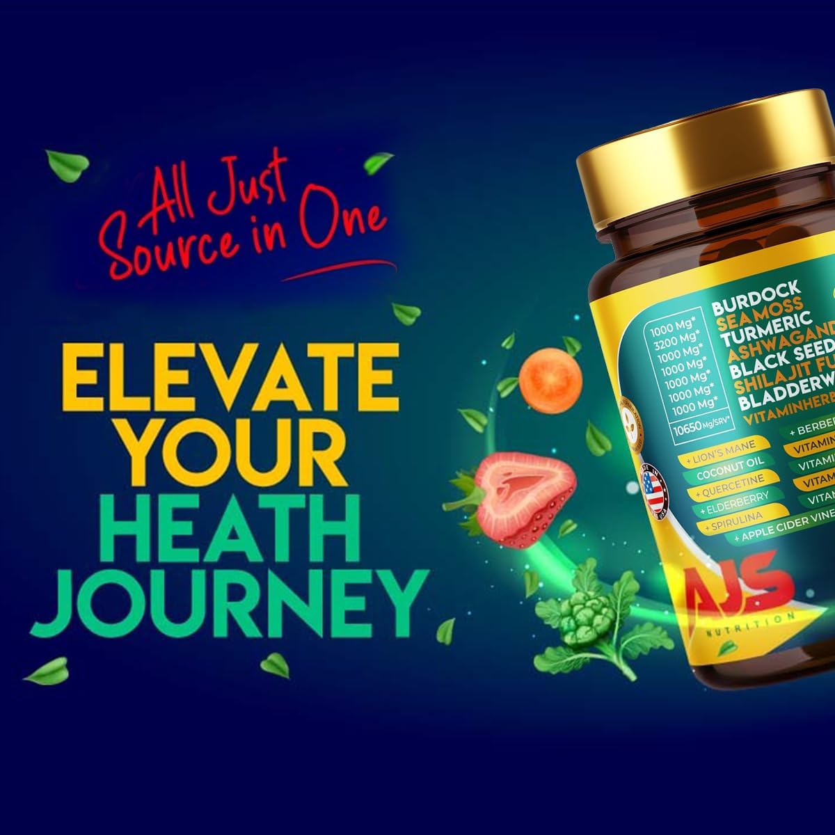 AJS Sea Moss Capsules 3200mg, Himalayan Shilajit 1000mg with Black Seed Oil, Ashwagandha, Turmeric, Bladderwrack, Burdock, Vitamins, Berberine, Lion’s Mane Mushroom, Elderberry- 90 Caps AJS NutritionAu supplements