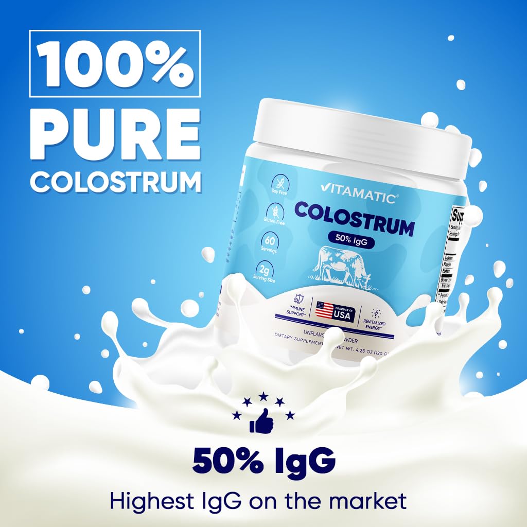 Vitamatic Bovine Colostrum Powder - 50% Highest IgG -120 Gram - Supplement for Gut Health, Hair Growth, Beauty, Muscle Recovery, & Immune Support - Easy to Mix - Unflavored - 60 Servings VitamaticAu supplements
