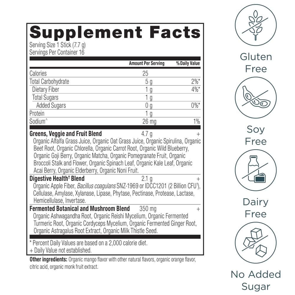 Ancient Nutrition SuperGreens Powder with Probiotics, Organic Mango Flavor Greens, Made from Real Fruits, Vegetables and Herbs, Digestive and Energy Support, 16 Stick Packs, 4.3oz Ancient NutritionAu supplements