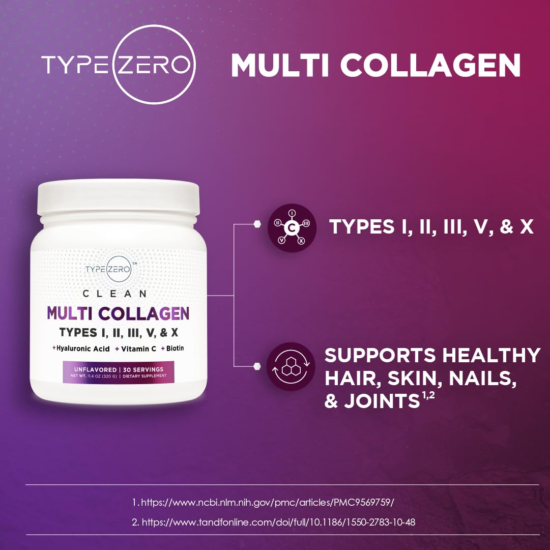 Type Zero Multi Collagen Powder 30 Servings (Unflavored) - Types I, II, III, V, & X Collagen Peptides + Hyaluronic Acid, VIT C, Biotin Type ZeroUS supplements