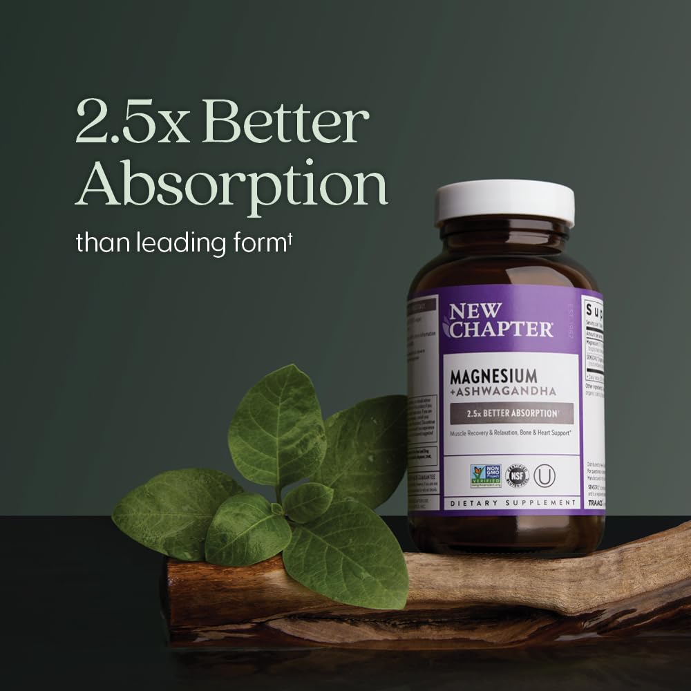 New Chapter Magnesium + Ashwagandha Supplement, 325 mg with Magnesium Glycinate for Muscle Relaxation & Recovery, Heart, Nerve & Bone Health, 2.5X Absorption, Non-GMO - 30 ct (1 Month Supply) New ChapterAu supplements